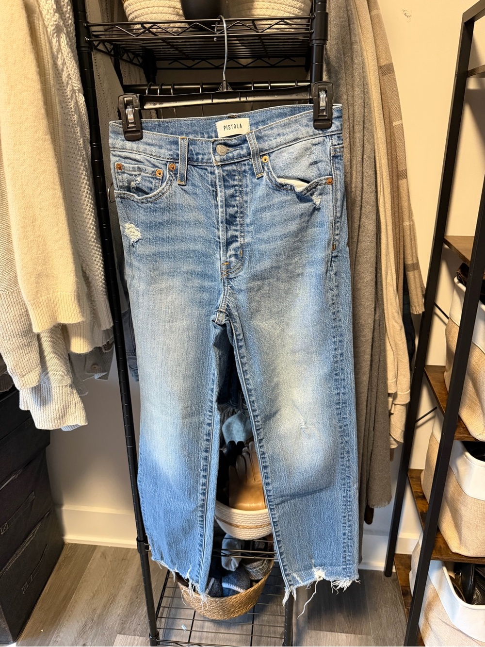 pistola light blue distressed cropped ankle jeans